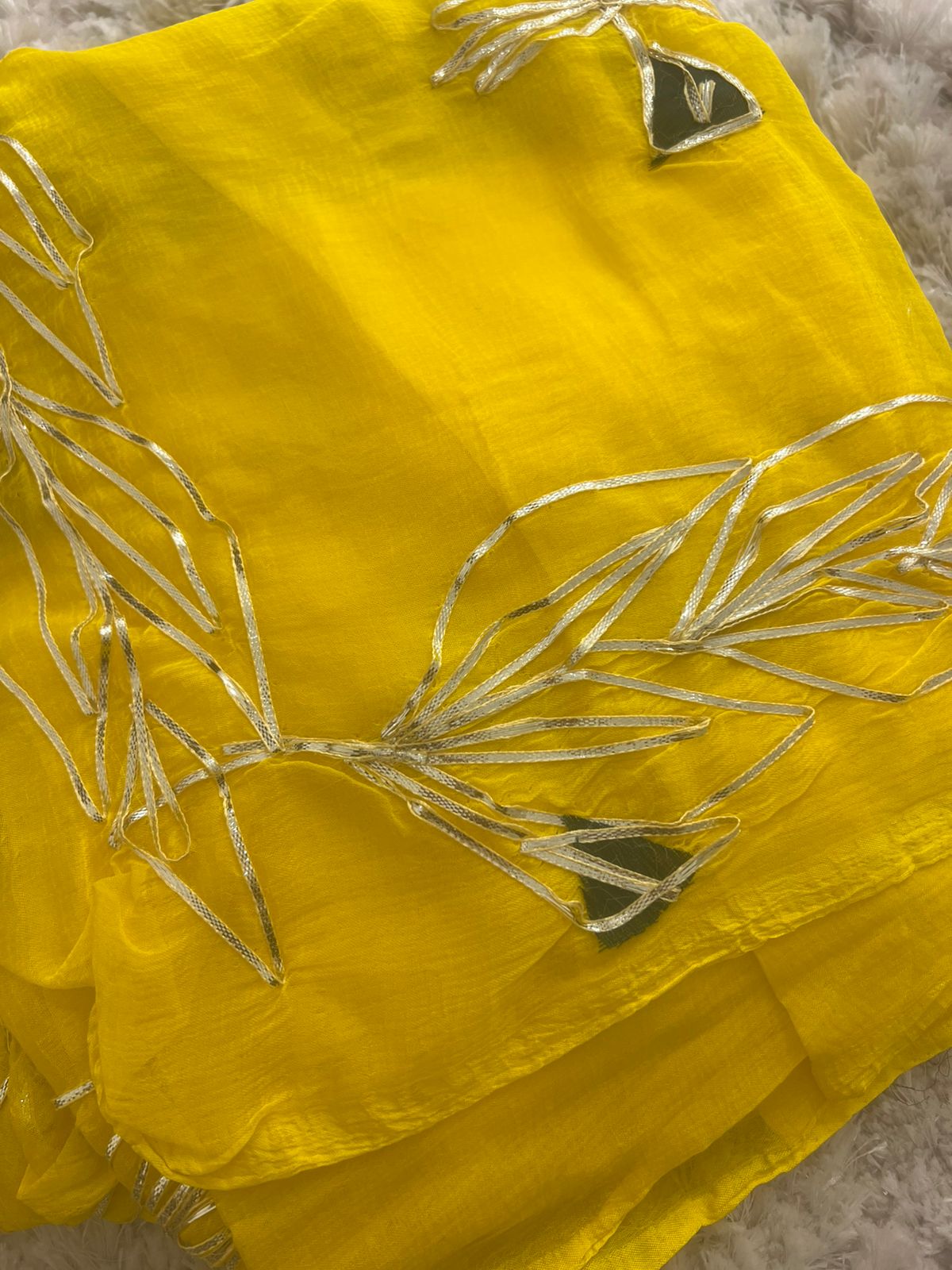 Yellow Gota Work Chiffon Saree with Bottle Green Blouse Piece