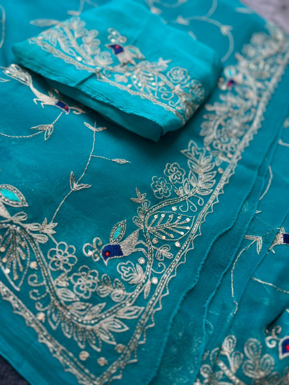 Pure Chiffon Heavy Peta Work Saree in Firozi Color with Pure Crepe Peta Work Blouse