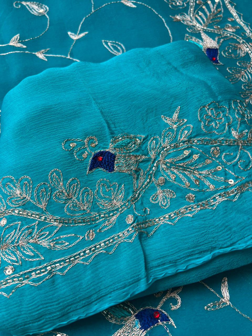 Pure Chiffon Heavy Peta Work Saree in Firozi Color with Pure Crepe Peta Work Blouse