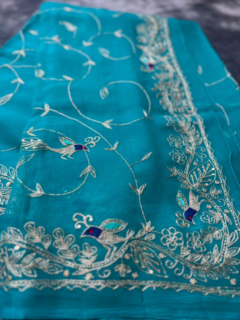 Pure Chiffon Heavy Peta Work Saree in Firozi Color with Pure Crepe Peta Work Blouse