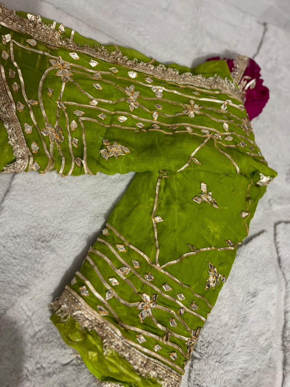 Soft Chiffon Parrot Green Color Gota Zaal Work Saree with Magenta Pink Blouse Piece