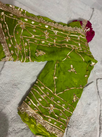 Soft Chiffon Parrot Green Color Gota Zaal Work Saree with Magenta Pink Blouse Piece