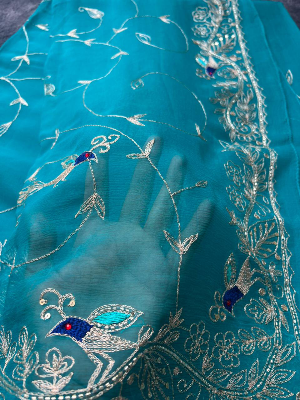 Pure Chiffon Heavy Peta Work Saree in Firozi Color with Pure Crepe Peta Work Blouse