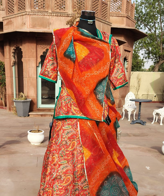 Beautiful Orange Cotton Poshak with Cotton Hand Bandhej Odhna