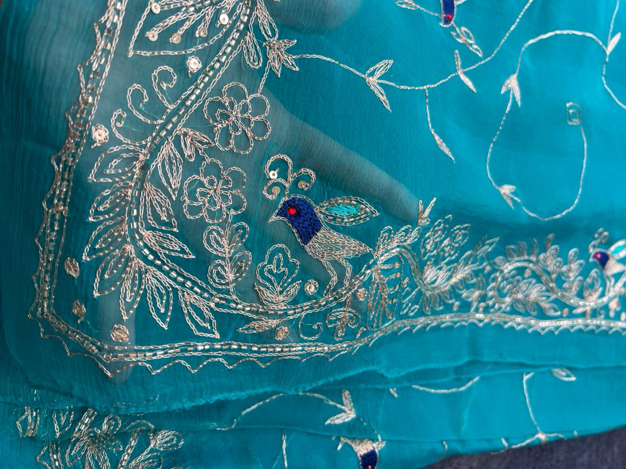 Pure Chiffon Heavy Peta Work Saree in Firozi Color with Pure Crepe Peta Work Blouse