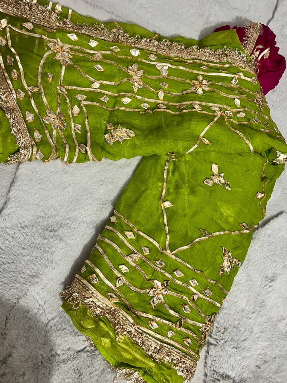 Soft Chiffon Parrot Green Color Gota Zaal Work Saree with Magenta Pink Blouse Piece