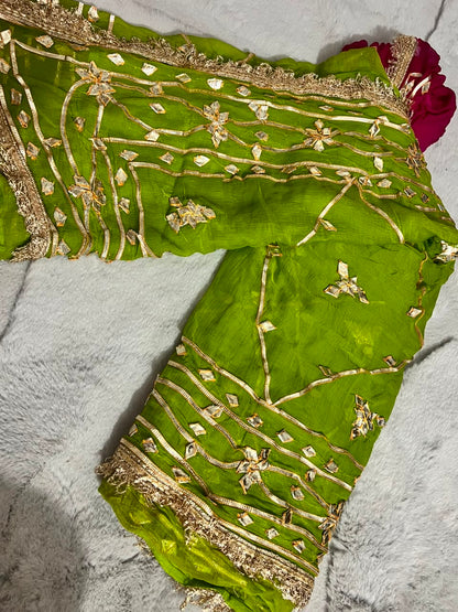 Soft Chiffon Parrot Green Color Gota Zaal Work Saree with Magenta Pink Blouse Piece