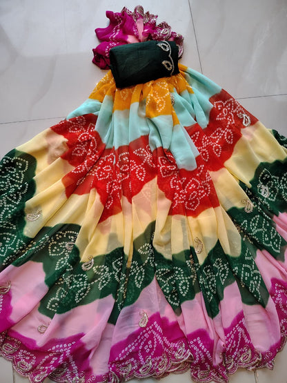 Beautiful Multi-Color Lahariya Bandhini Designer Saree with Blouse Piece