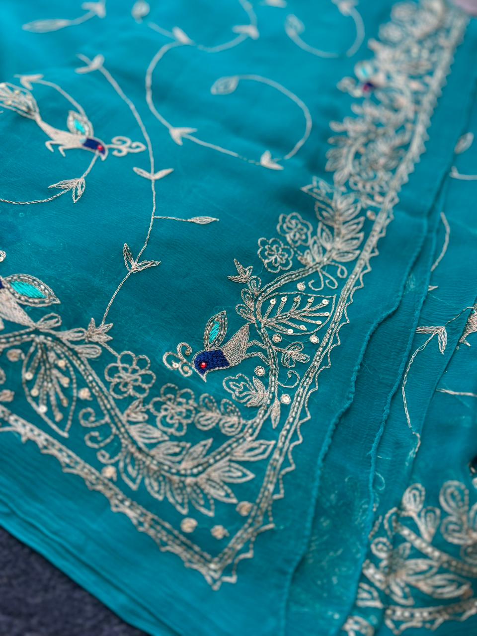 Pure Chiffon Heavy Peta Work Saree in Firozi Color with Pure Crepe Peta Work Blouse