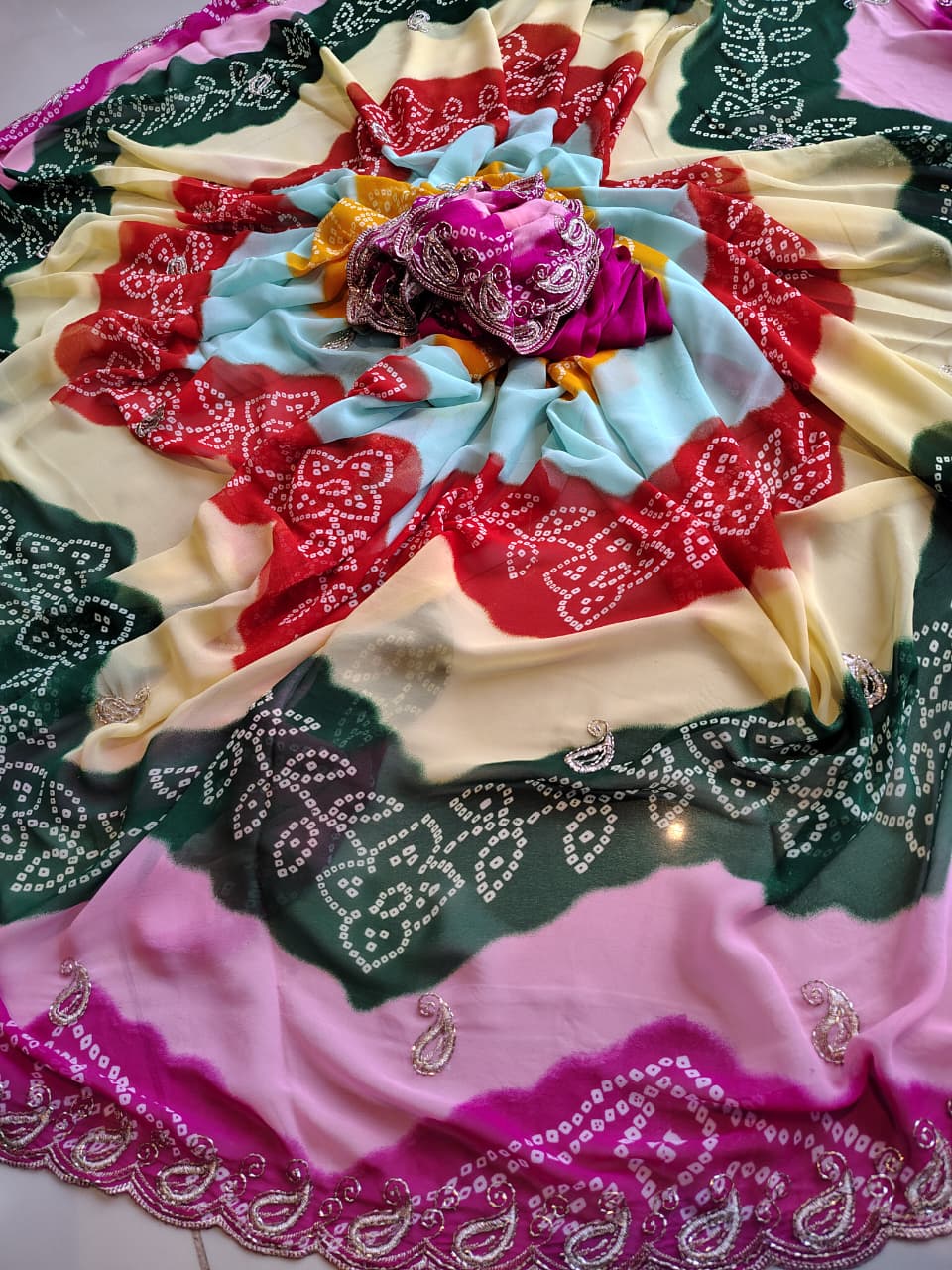 Beautiful Multi-Color Lahariya Bandhini Designer Saree with Blouse Piece