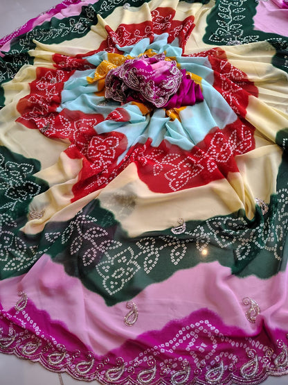 Beautiful Multi-Color Lahariya Bandhini Designer Saree with Blouse Piece