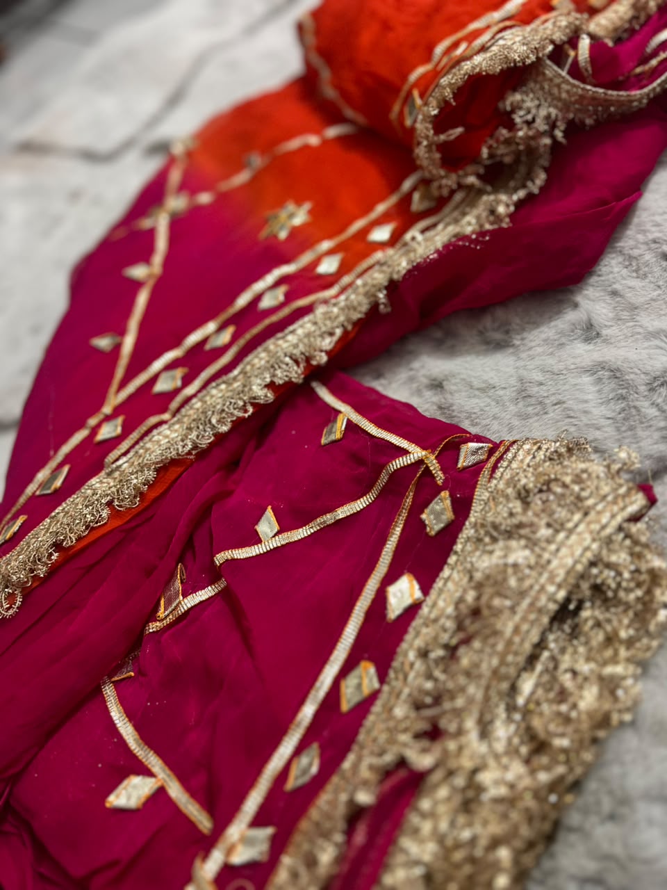Beautiful Orange-Magenta Pink Soft Chiffon Gota Zaal Work Saree with Blouse Piece