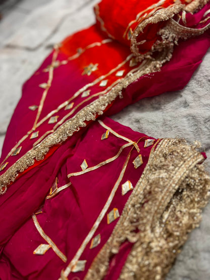 Beautiful Orange-Magenta Pink Soft Chiffon Gota Zaal Work Saree with Blouse Piece