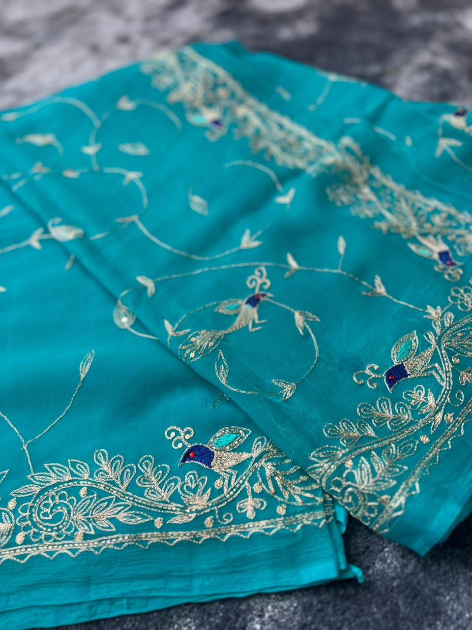 Pure Chiffon Heavy Peta Work Saree in Firozi Color with Pure Crepe Peta Work Blouse