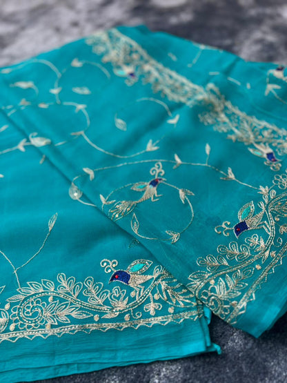 Pure Chiffon Heavy Peta Work Saree in Firozi Color with Pure Crepe Peta Work Blouse