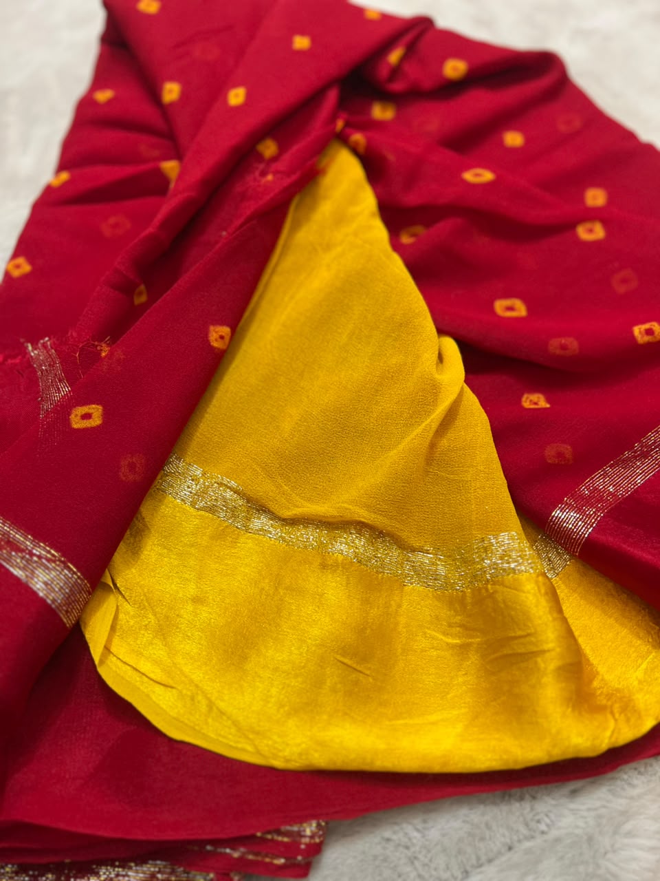 Beautiful Red Bandhini Saree with Satin Border