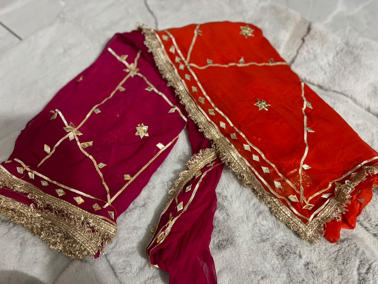 Beautiful Orange-Magenta Pink Soft Chiffon Gota Zaal Work Saree with Blouse Piece