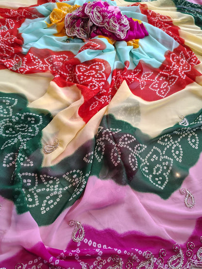 Beautiful Multi-Color Lahariya Bandhini Designer Saree with Blouse Piece