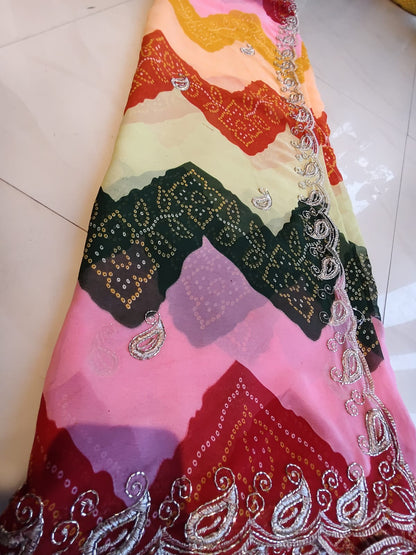 Beautiful Multi-Color Lahariya Bandhini Designer Saree with Blouse Piece