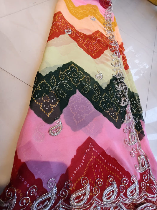 Beautiful Multi-Color Lahariya Bandhini Designer Saree with Blouse Piece