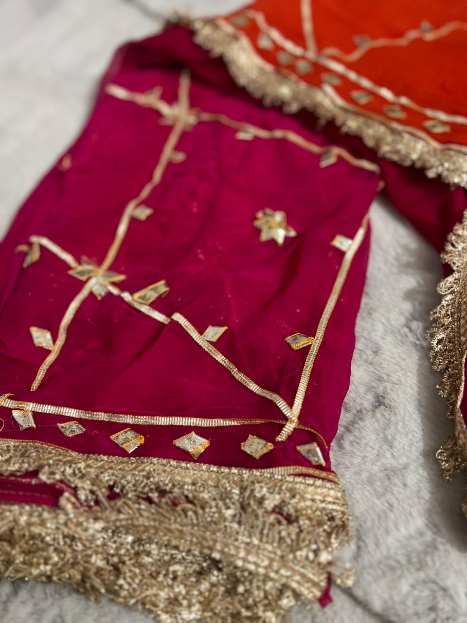 Beautiful Orange-Magenta Pink Soft Chiffon Gota Zaal Work Saree with Blouse Piece
