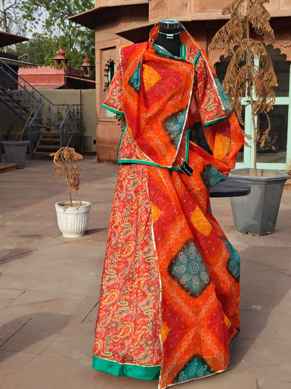 Beautiful Orange Cotton Poshak with Cotton Hand Bandhej Odhna