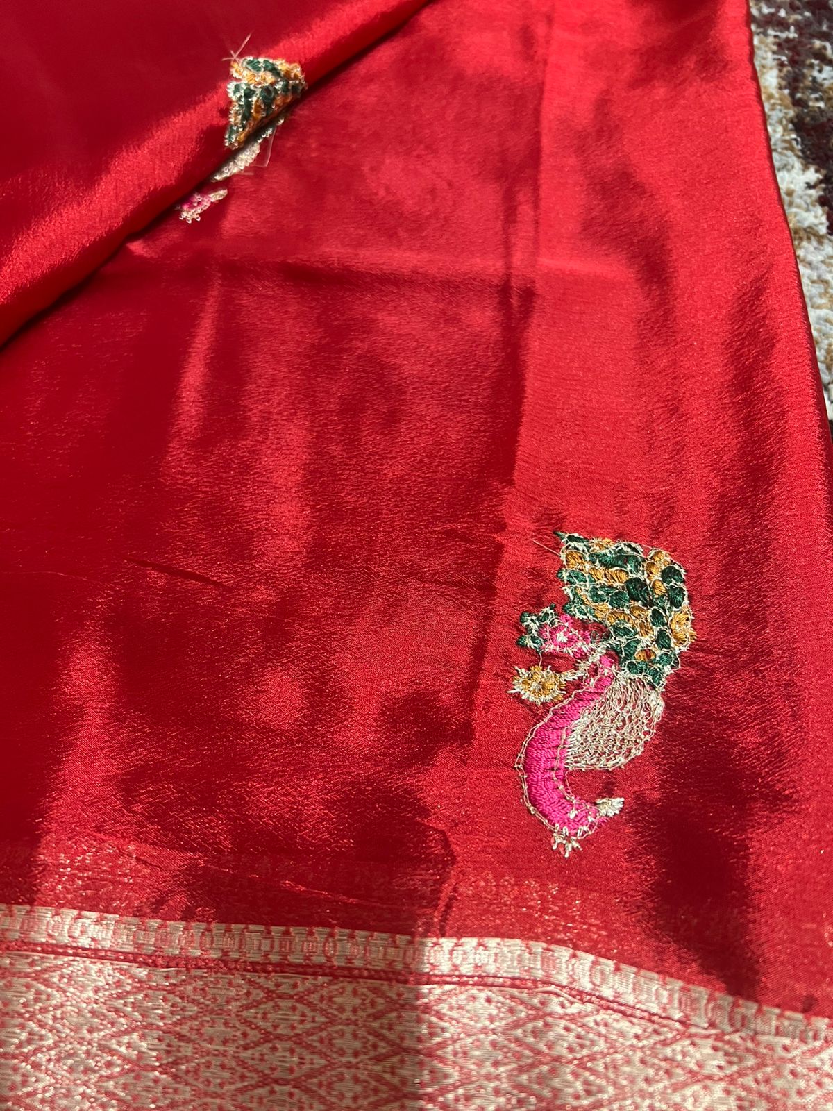 Peacock Design Crepe Red Saree with Heavy Border