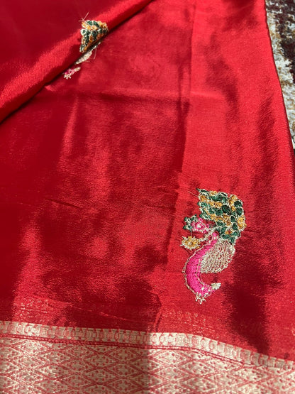 Peacock Design Crepe Red Saree with Heavy Border