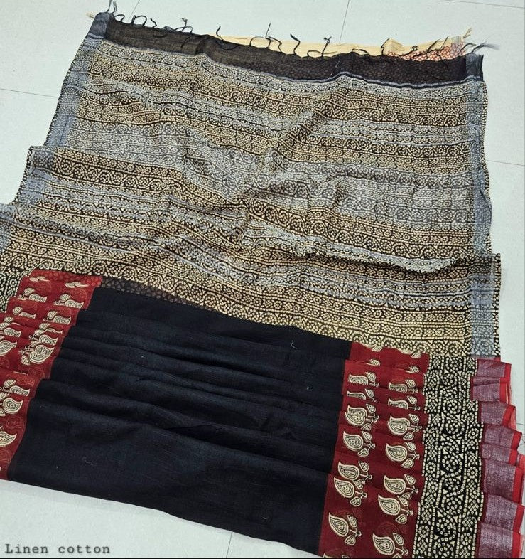 Beautiful Black and Red Color Linen Cotton Saree