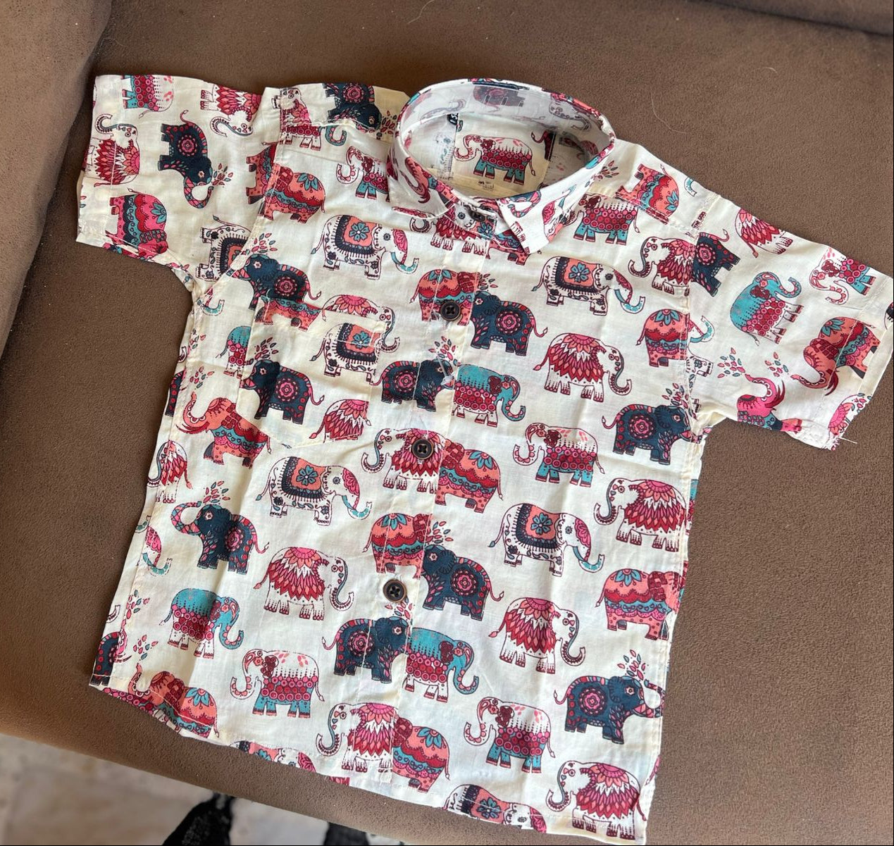 Pure Cotton Hand Wood-Block Elephant Print Shirt with Earth Nature Vegetable Dye (100% Cotton)