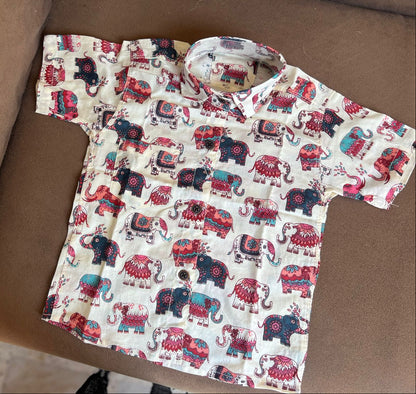 Pure Cotton Hand Wood-Block Elephant Print Shirt with Earth Nature Vegetable Dye (100% Cotton)