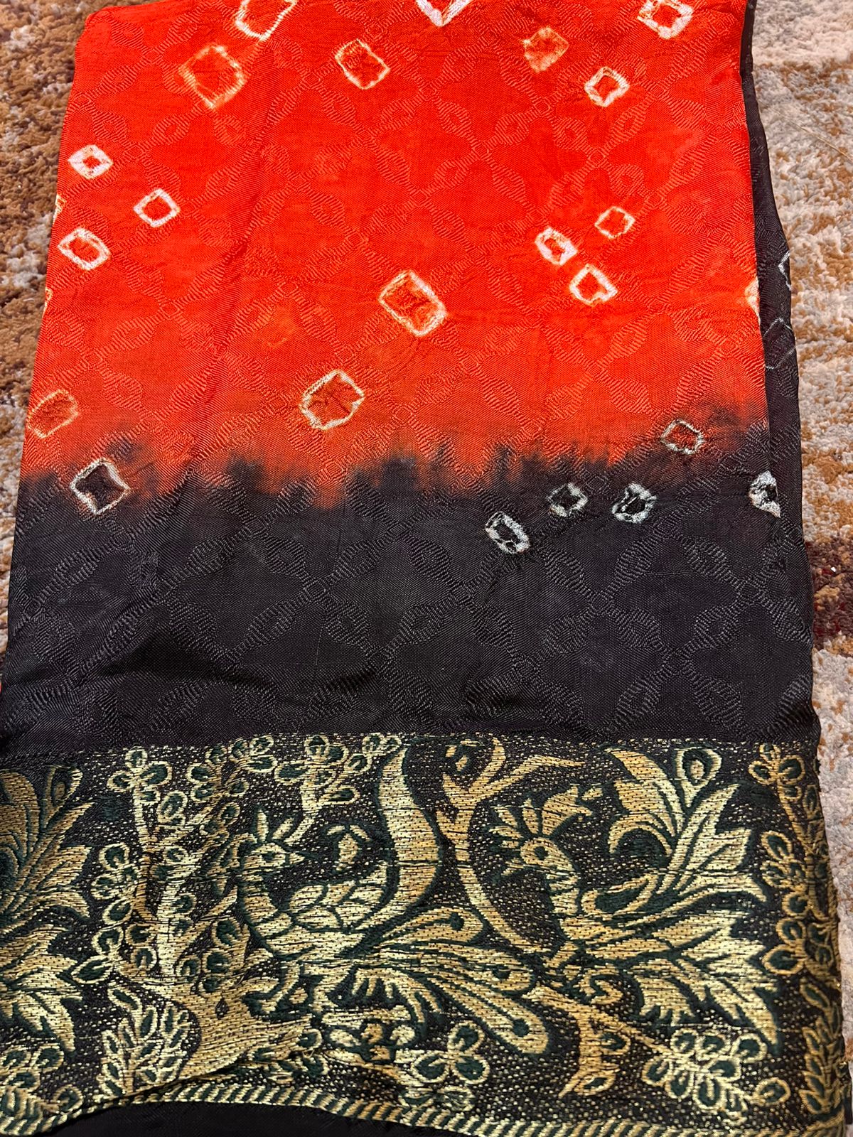Soft Cotton Bandhini Saree Orange and Black with Barat Zari Border and Running Blouse