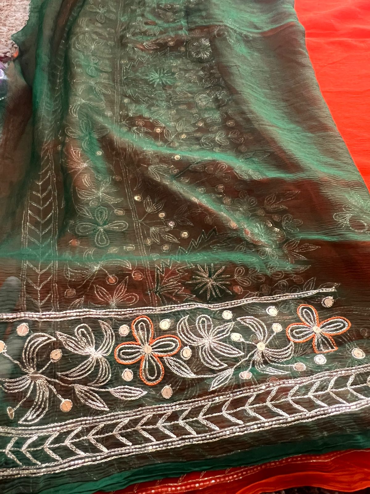 Pure Chiffon Heavy Peta work Rajpooti sari with Pure Chiffon Green Peta work Blouse