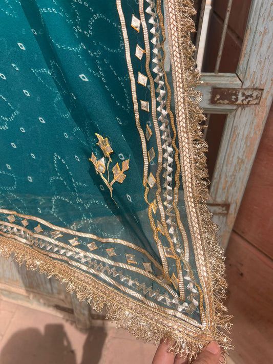 Sea Green Bandhini Gota Designer Saree with Running Blouse