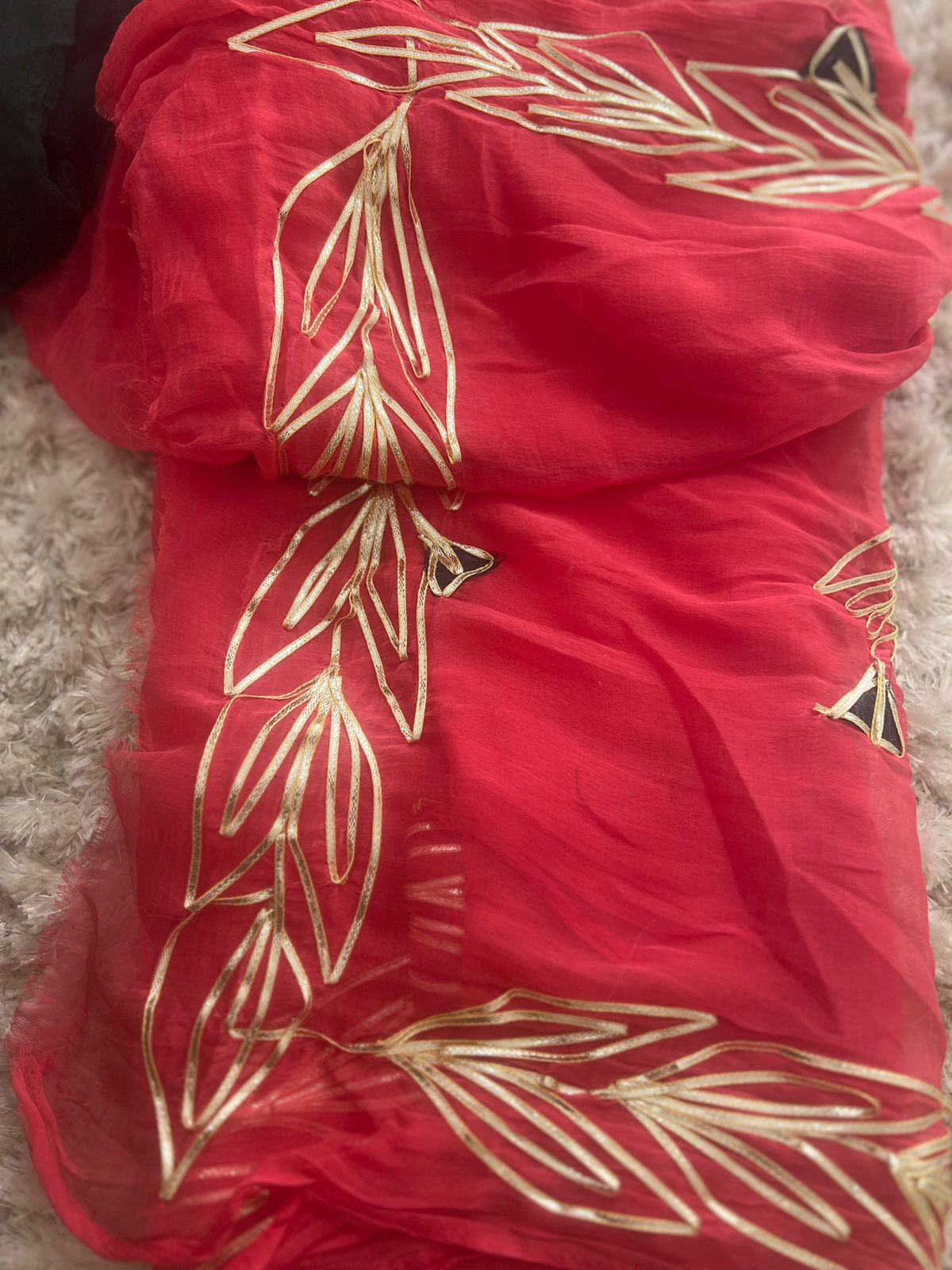 Red Gota Work Chiffon Saree with Bottle Green Blouse Piece