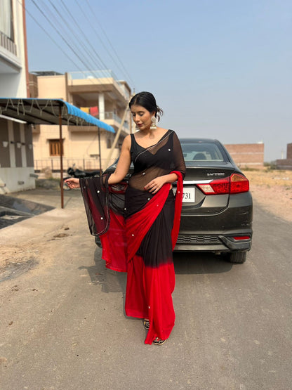 Red and Black Shaded Soft Chiffon Boota Work Saree with Same Fabric Blouse Piece