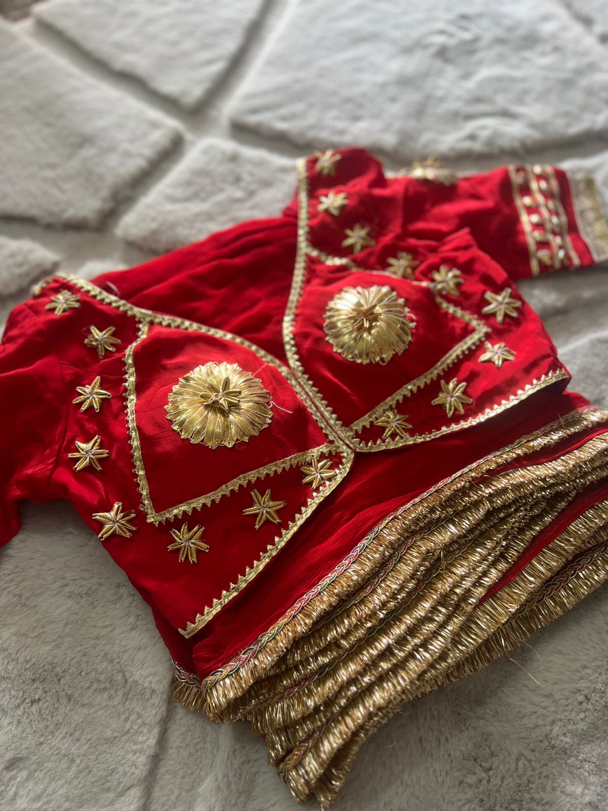 Designer Kanchli Blouse with Soft Chiffon Red Saree with Traditional Border