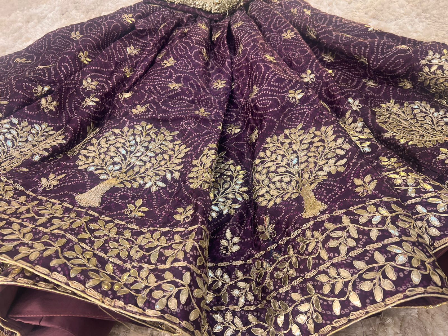 Bandhini with Gota Patti Work Full Ghera Purple Poshak (Unstitched)