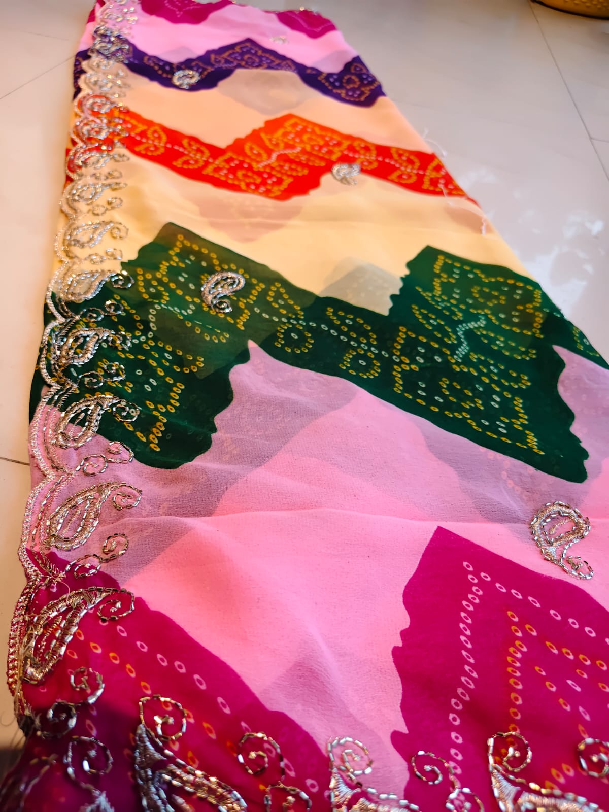 Beautiful Multi-Color Lahariya Bandhini Designer Saree with Blouse Piece