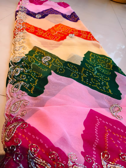 Beautiful Multi-Color Lahariya Bandhini Designer Saree with Blouse Piece