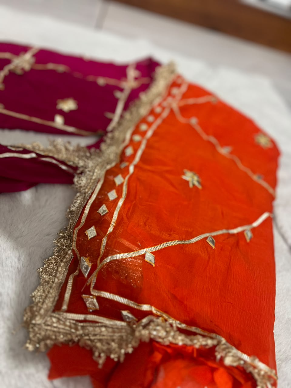 Beautiful Orange-Magenta Pink Soft Chiffon Gota Zaal Work Saree with Blouse Piece