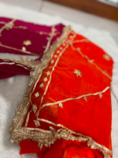 Beautiful Orange-Magenta Pink Soft Chiffon Gota Zaal Work Saree with Blouse Piece