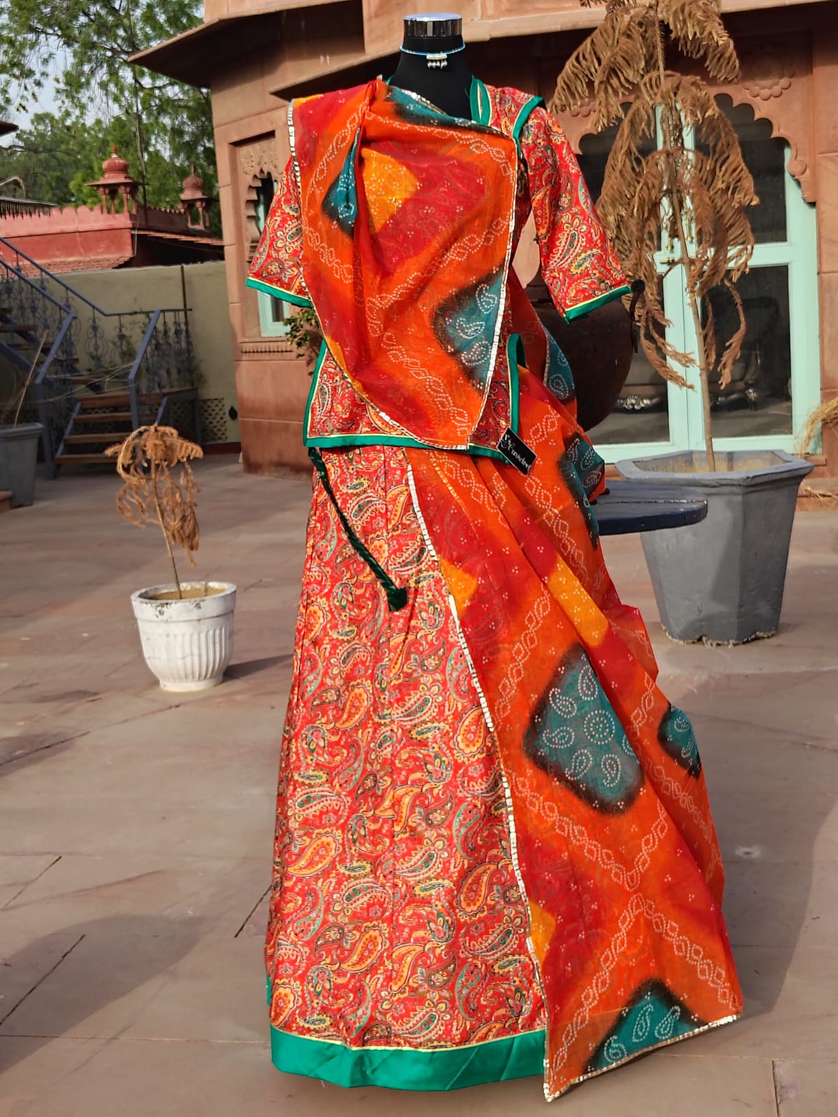 Beautiful Orange Cotton Poshak with Cotton Hand Bandhej Odhna