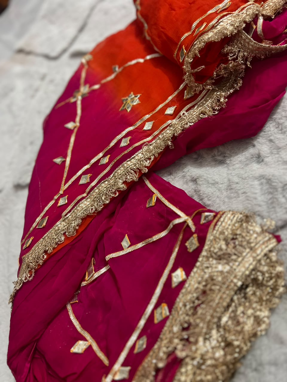 Beautiful Orange-Magenta Pink Soft Chiffon Gota Zaal Work Saree with Blouse Piece