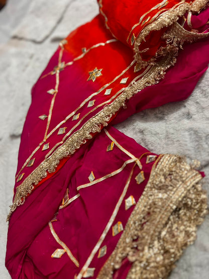 Beautiful Orange-Magenta Pink Soft Chiffon Gota Zaal Work Saree with Blouse Piece