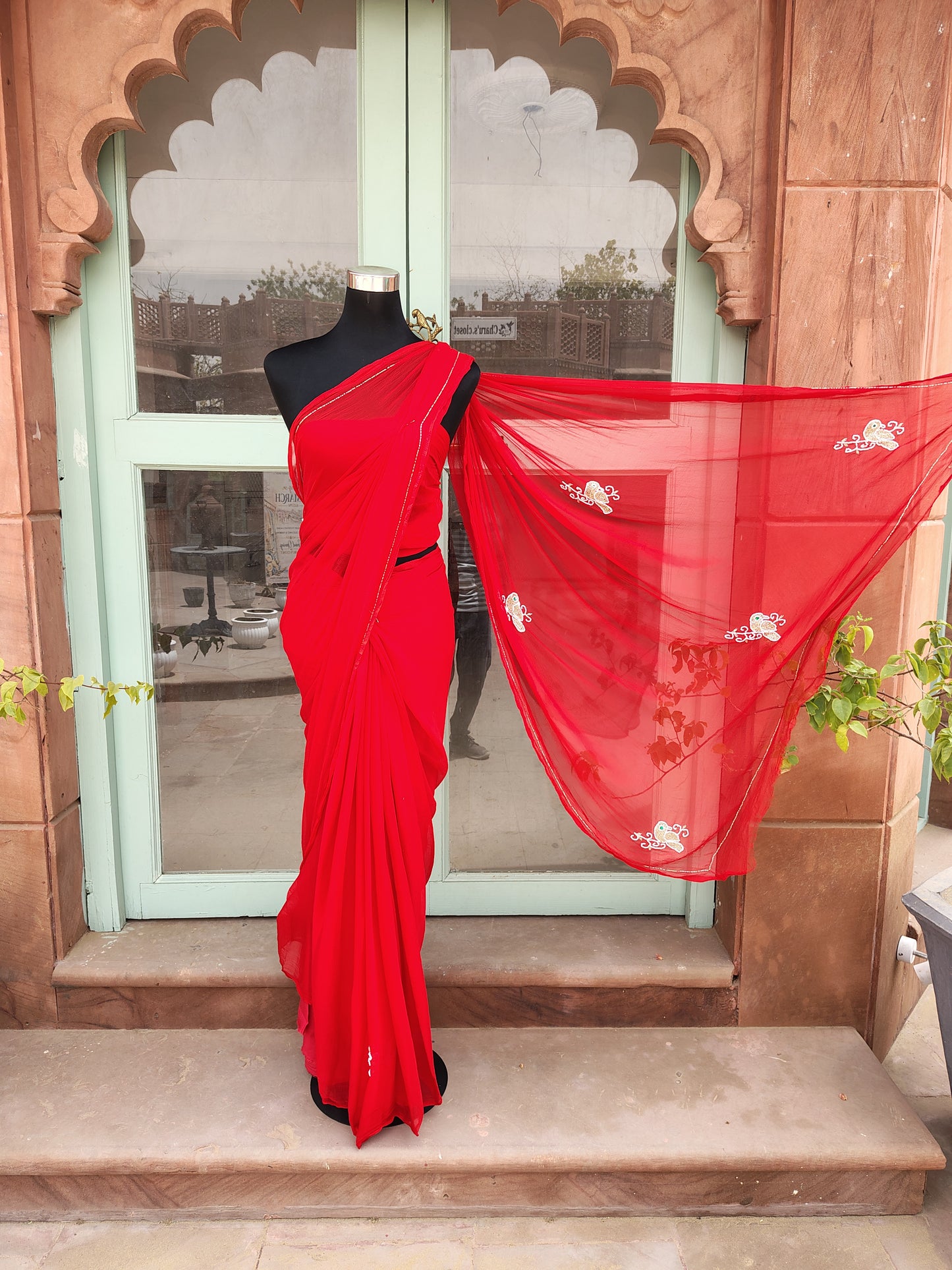 Red Color Chiffon Saree with Pearl Bird Work