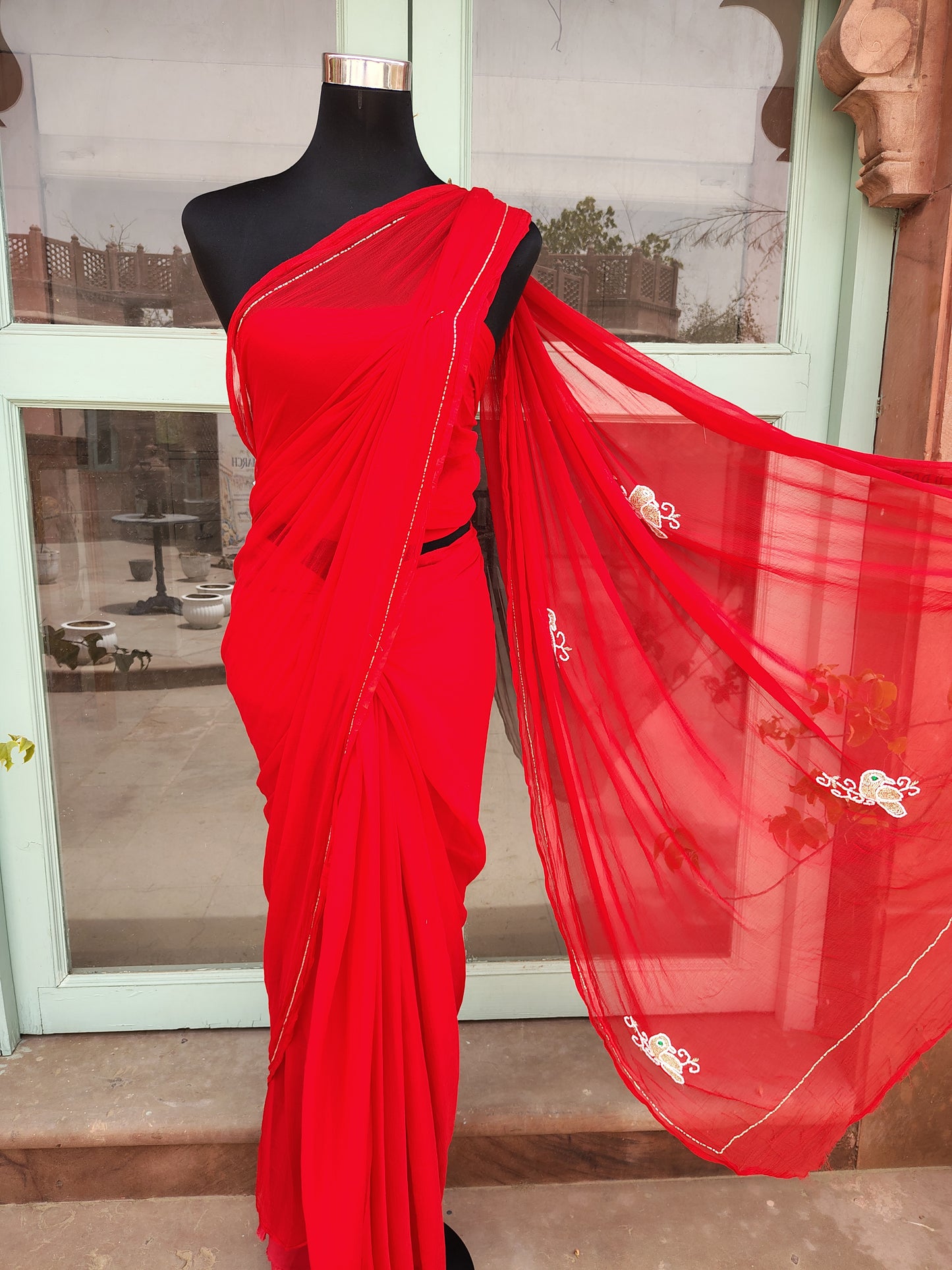 Red Color Chiffon Saree with Pearl Bird Work