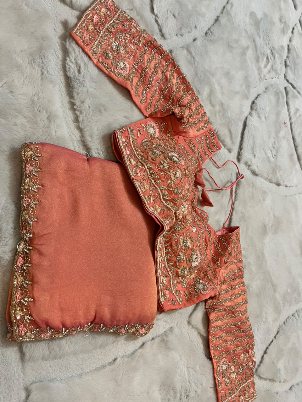 Beautiful Peach Color Fendy Tissue Saree with Stitched Blouse (Free Size Till 40)