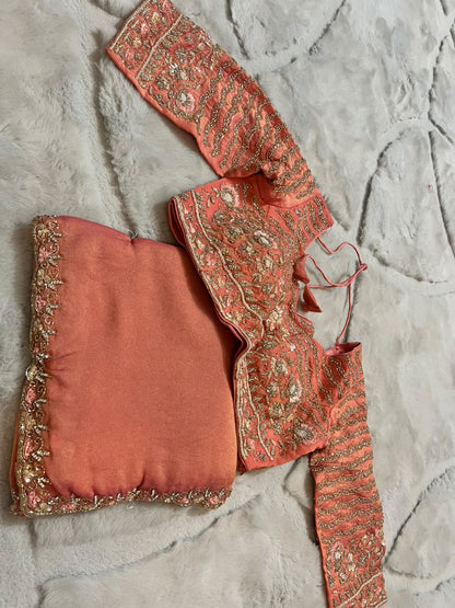 Beautiful Peach Color Fendy Tissue Saree with Stitched Blouse (Free Size Till 40)