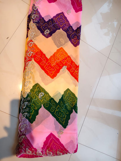 Beautiful Multi-Color Lahariya Bandhini Designer Saree with Blouse Piece